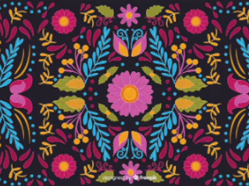 bordados de flores y pájaros en colores vivos sobre tela negra