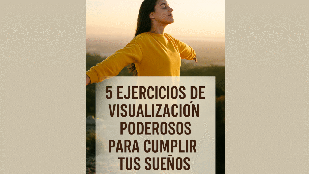 chica respirando al aire libre, con cartel de 5 ejercicios de visualización
