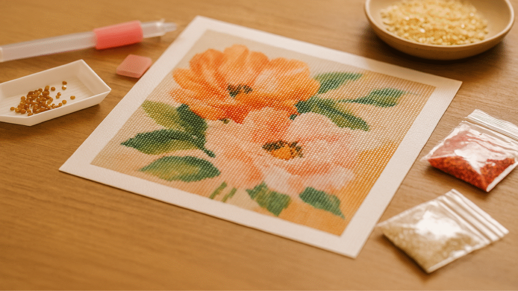 kit de diamond painting sobre mesa de madera