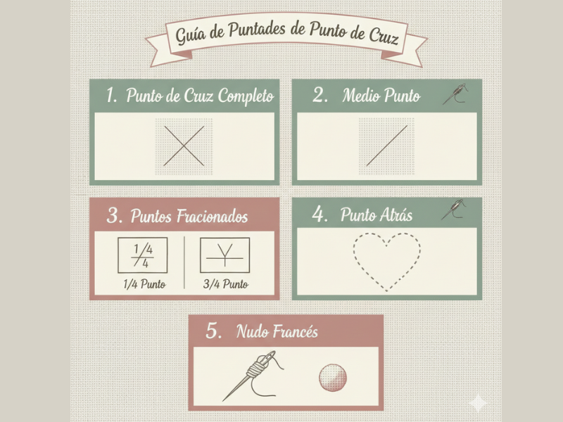 infografia puntadas esenciales punto cruz