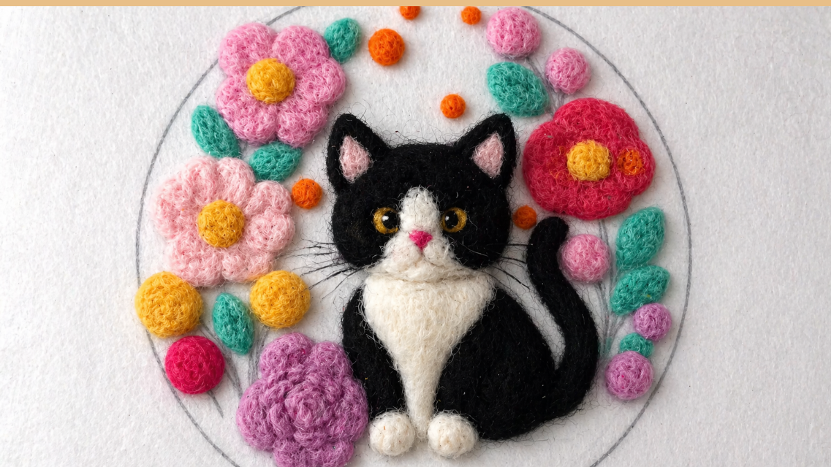 adorable little kitten painting with flowers made of carded wool