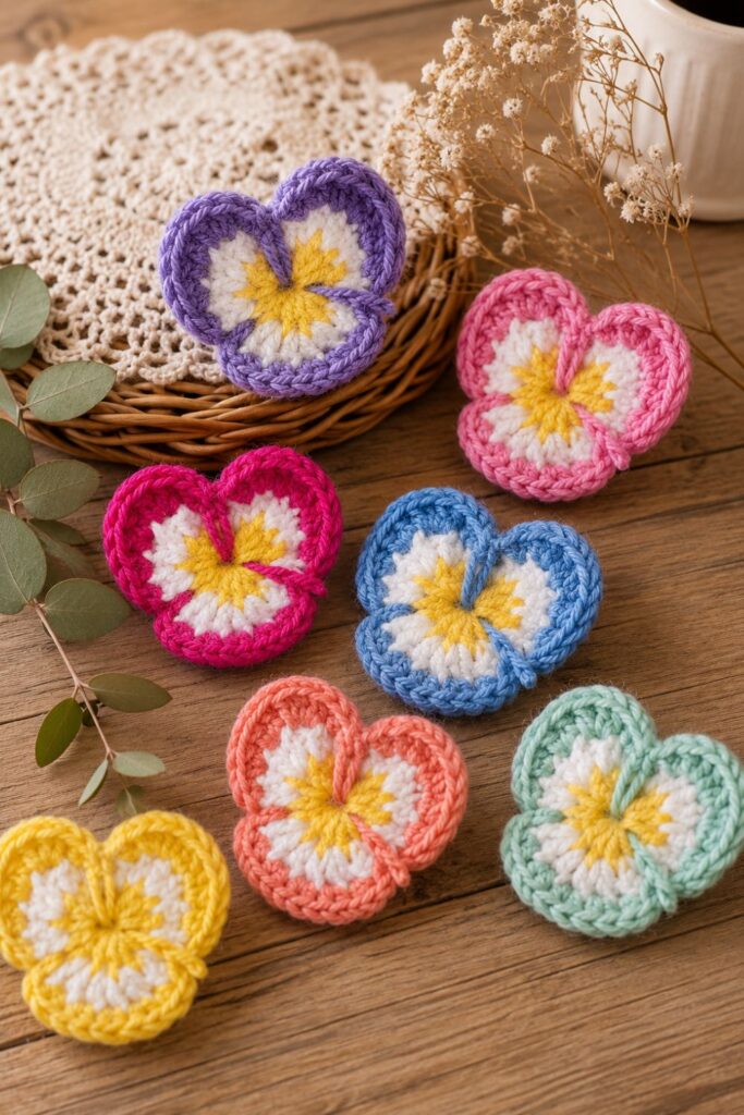 finished crochet pansy finished crochet pansy blocked flat to show its layered petals