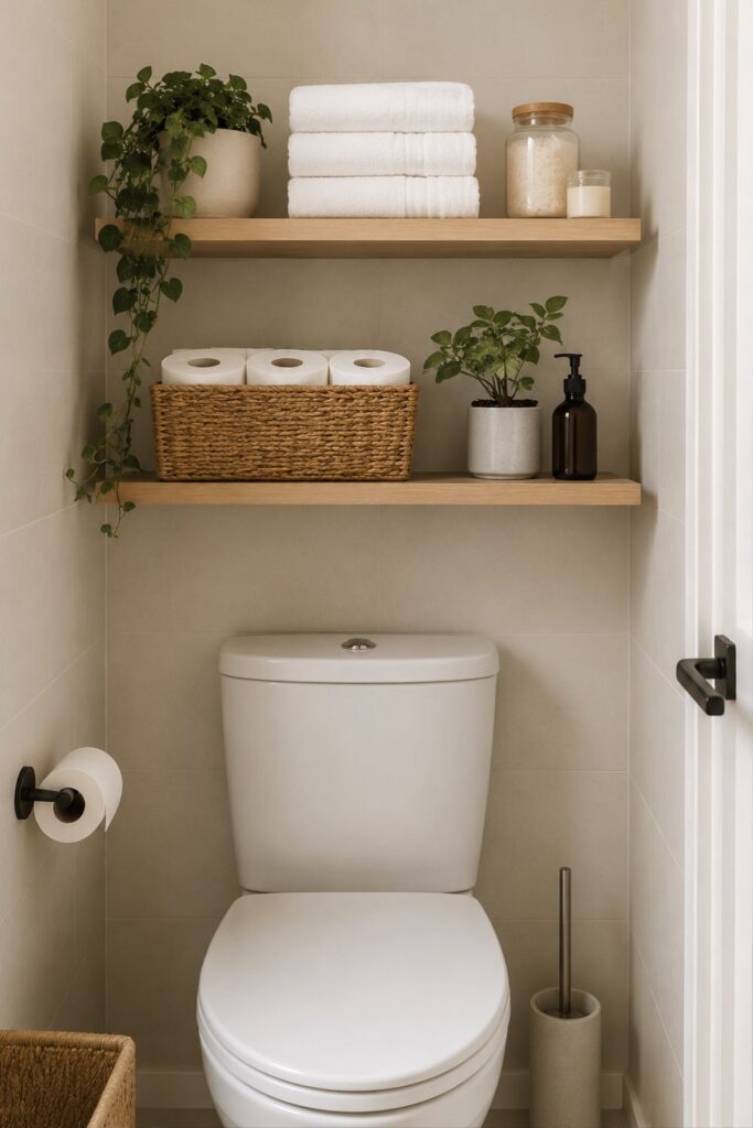 shelving above the toilet floating shelves above a toilet holding rolled towels and baskets