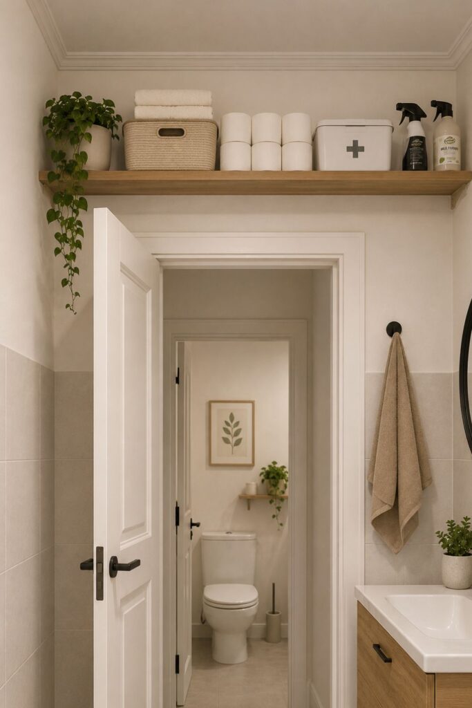 shelf above the bathroom door high shelf above a bathroom door used for backup supplies