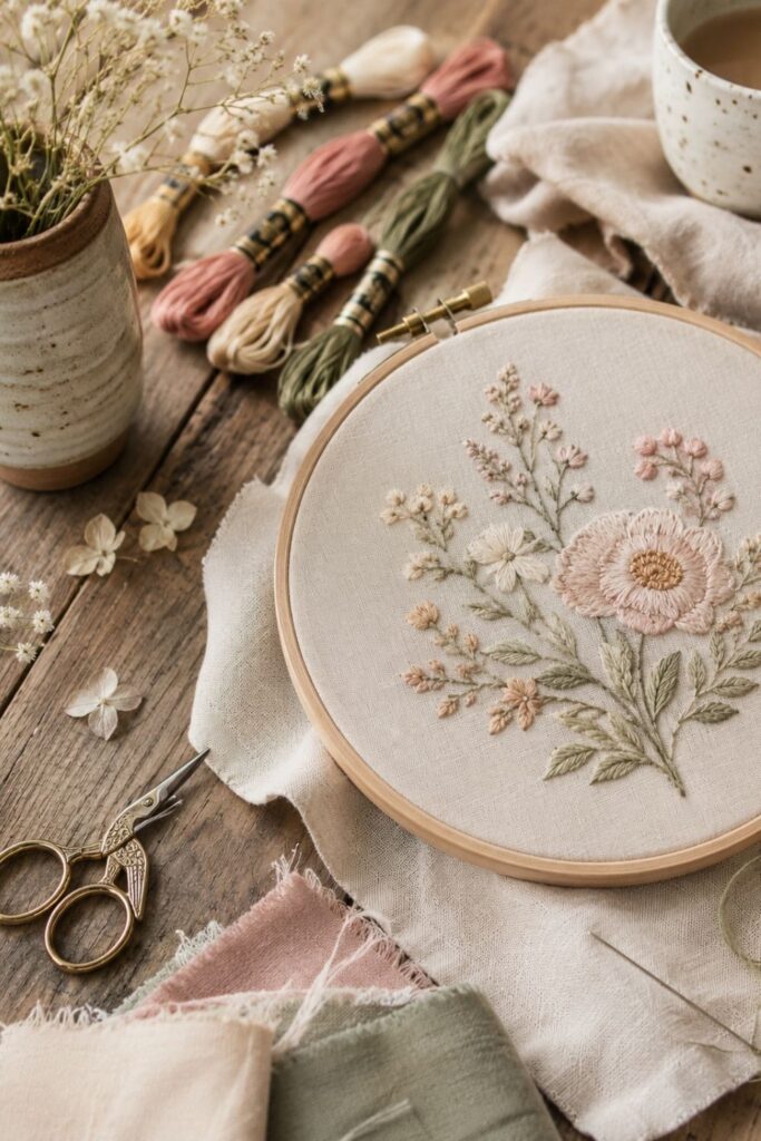 Hand embroidered floral motif in a hoop Hand embroidered floral motif stitched in a hoop
