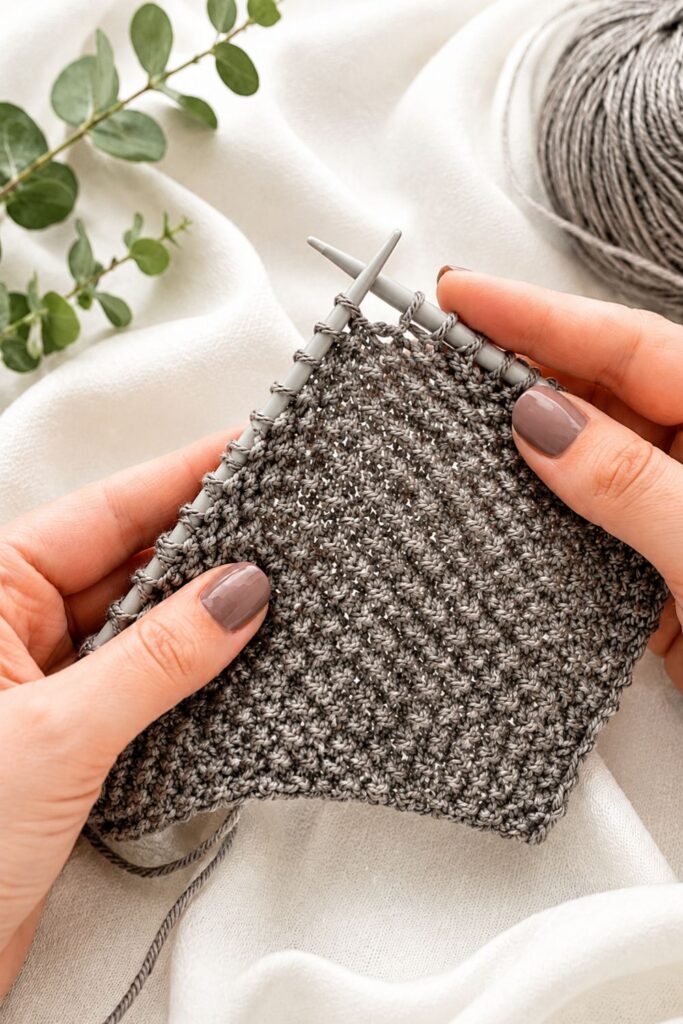 Knitting seed stitch with bamboo needles Hands knitting seed stitch with bamboo needles and merino wool