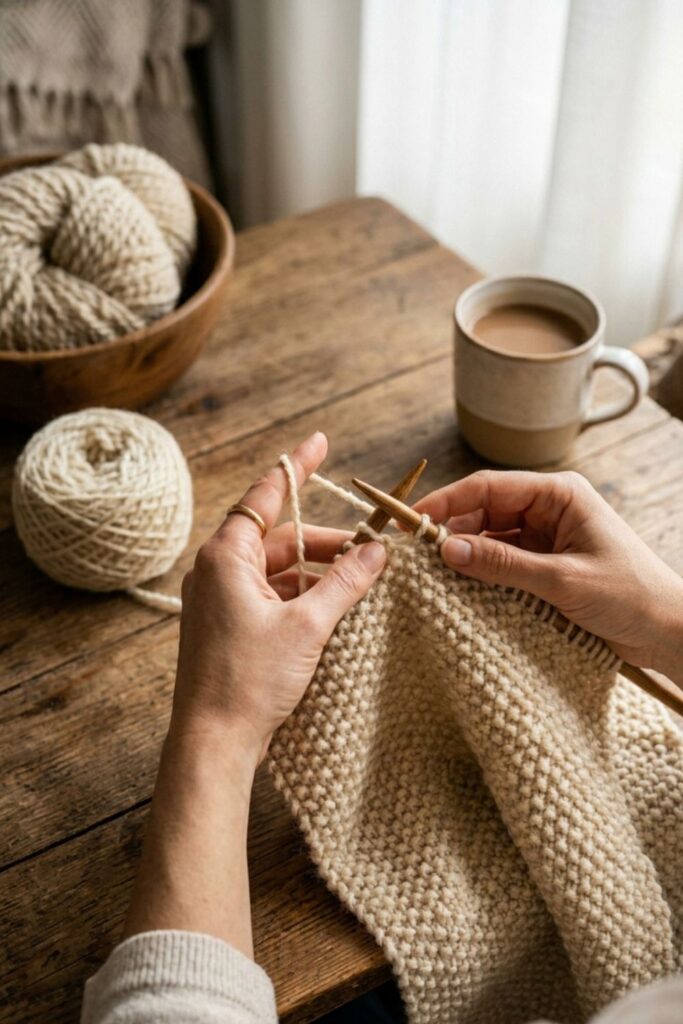 Seed stitch knitting on wooden needles Close up of seed stitch knitting on wooden needles with wool yarn